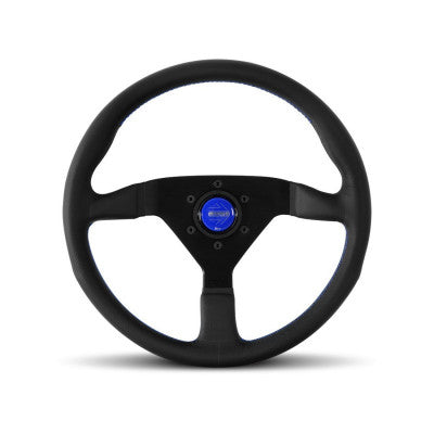 MOMO 3-Spoke Monte Carlo Series Black Leather Steering Wheel 350mm with Blue Stitch